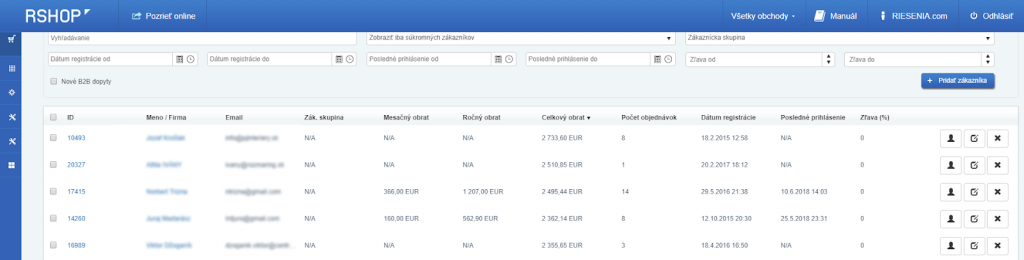 Správa zákazníkov RSHOP - možnosť výmazu